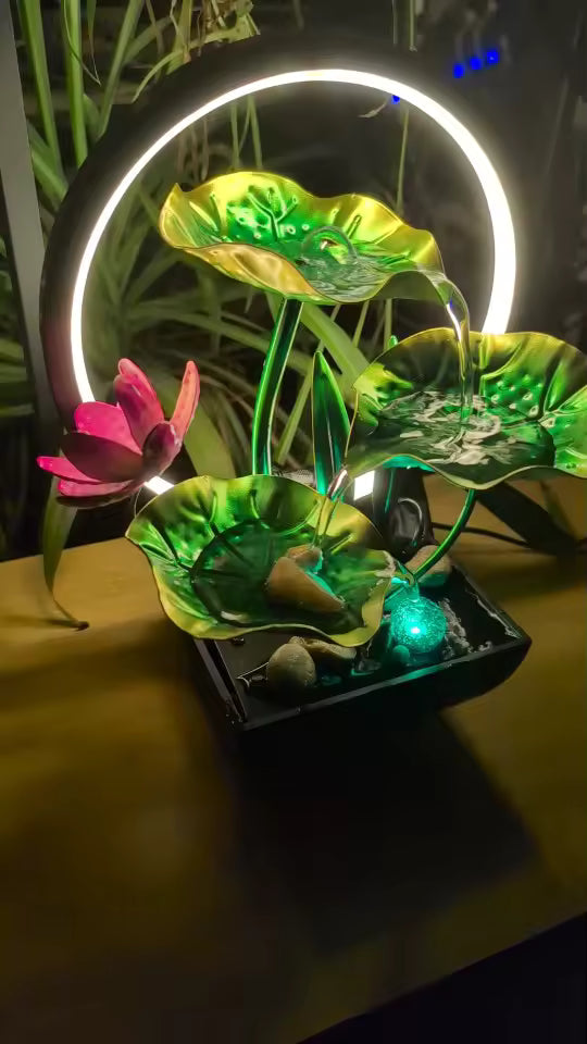 Tabletop Water Fountain with LED Ring Light & Natural Rocks