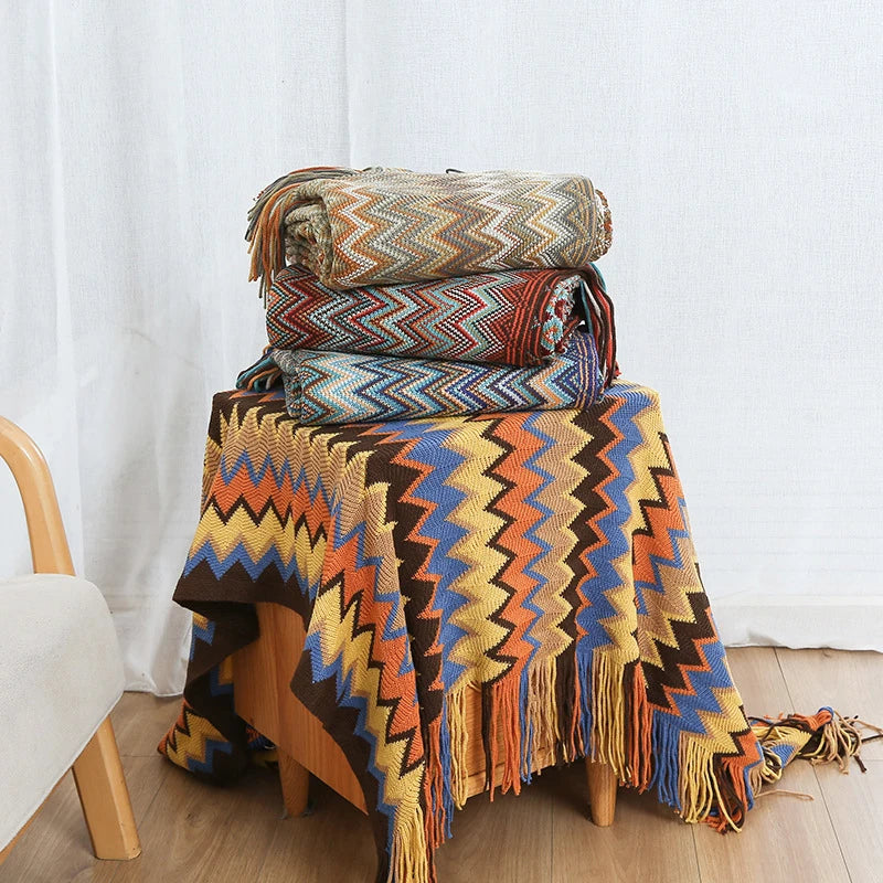 Boho Knit Throw Blanket with Tassels | Soft Woven Decorative Throw