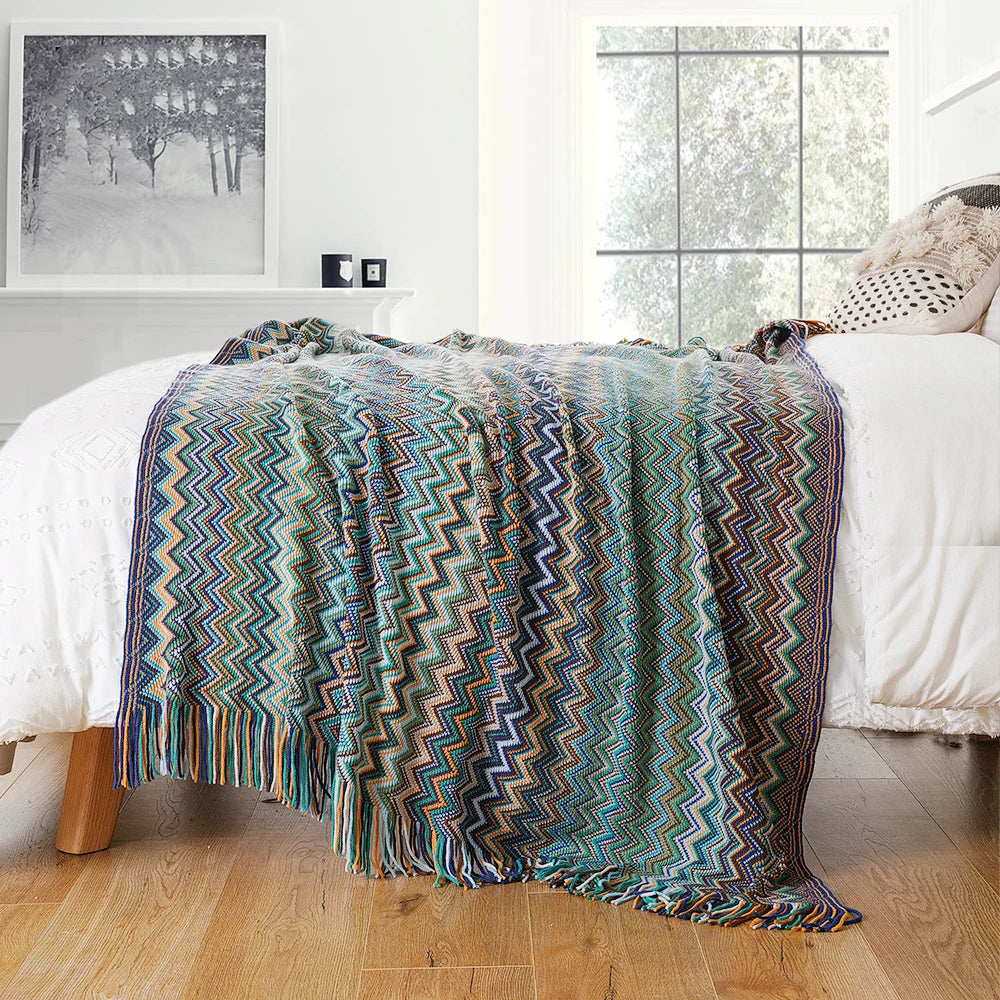 Boho Knit Throw Blanket with Tassels | Soft Woven Decorative Throw