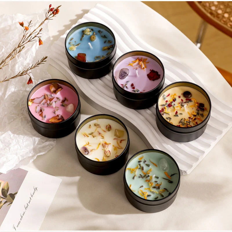 Crystal Soy Wax Scented Candles | Dried Floral Aromatherapy Candles in Iron Tins