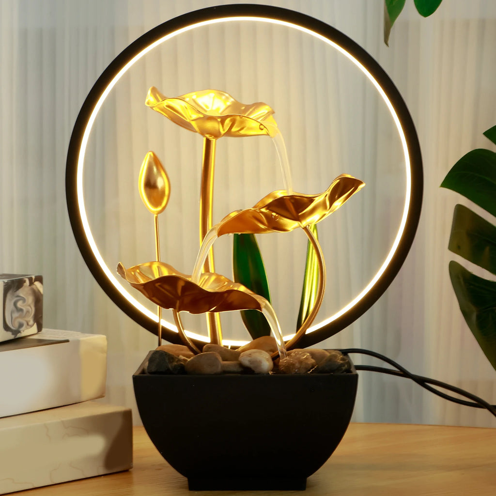 Tabletop Water Fountain with LED Ring Light & Natural Rocks