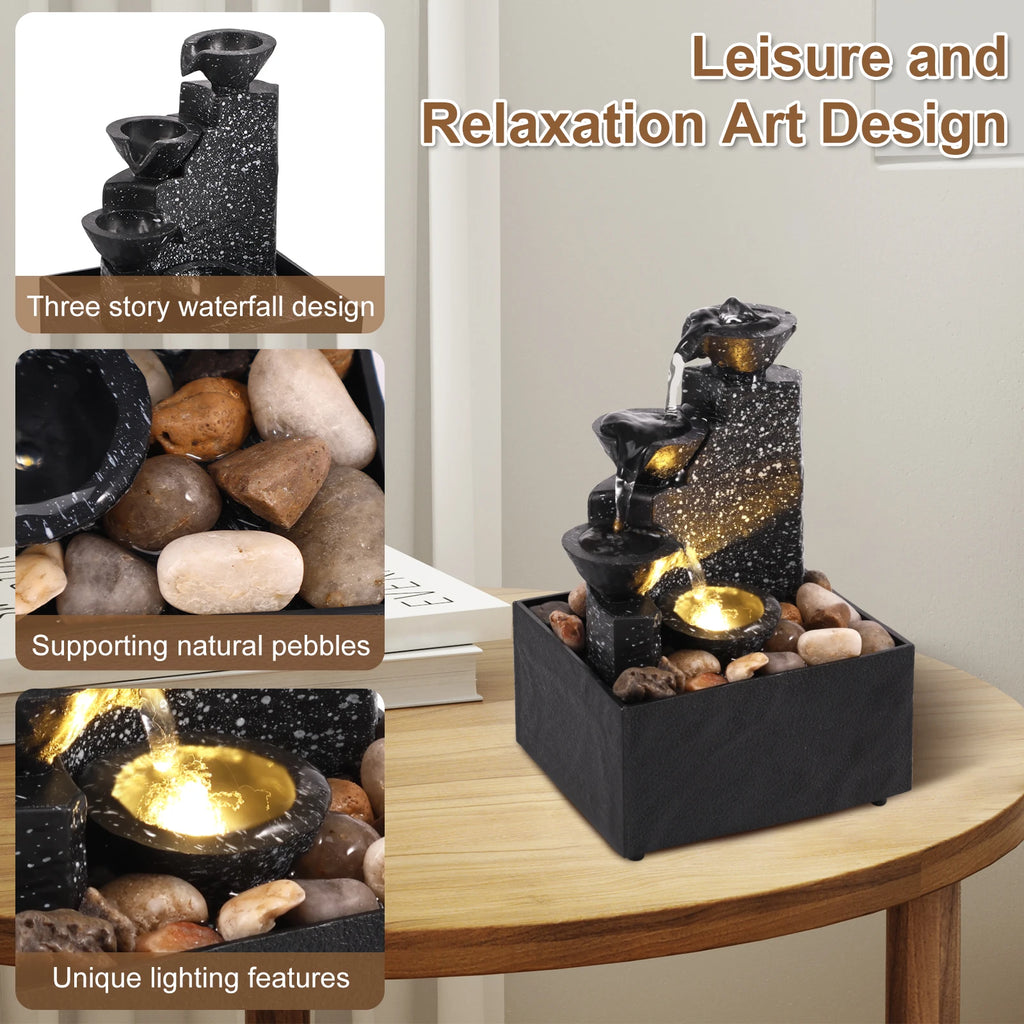 Desktop Waterfall Fountain with Soft Light & Natural Pebbles