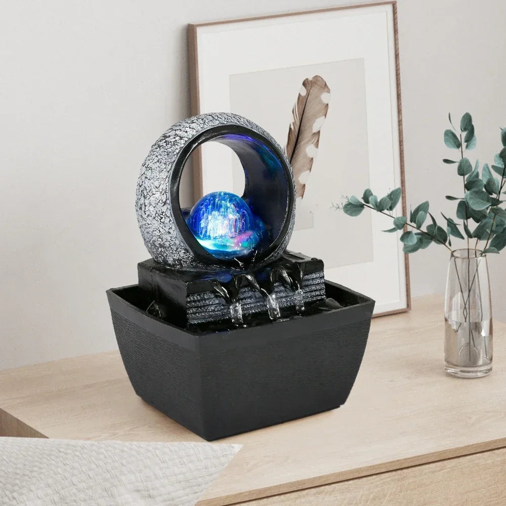 Tabletop Fountain with Illuminated Rolling Ball & Tiered Waterfall