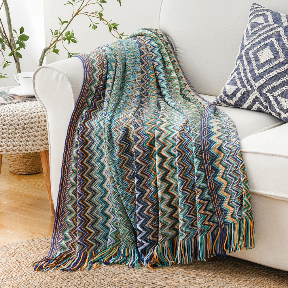 Boho Knit Throw Blanket with Tassels | Soft Woven Decorative Throw